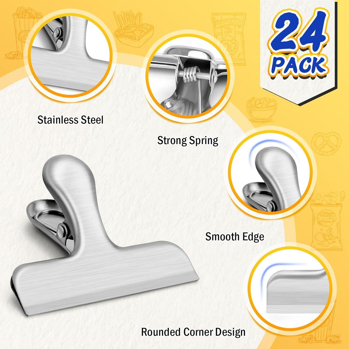 VNDUEEY 24 Pack Stainless Steel Chip Clips, Bag Clips for Food, Heavy Duty Snack Clip Clip to Seal Coffee Bags, Ideal for Office Kitchen Use, Binder Clips Large - 3 Inches, Silver