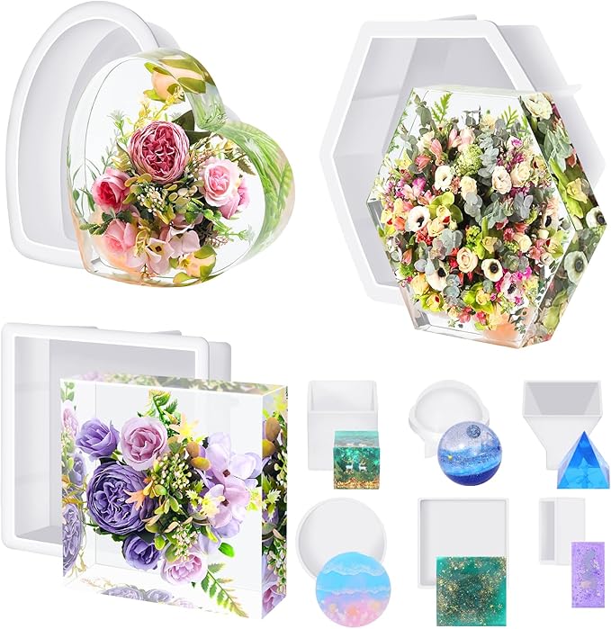 KISREL Large Resin Molds, 3 PCS Silicone Molds Kit for Resin Including Large Hexagonal and Square Heart Resin Mold, Epoxy Resin Molds for Flower Preservation Kit