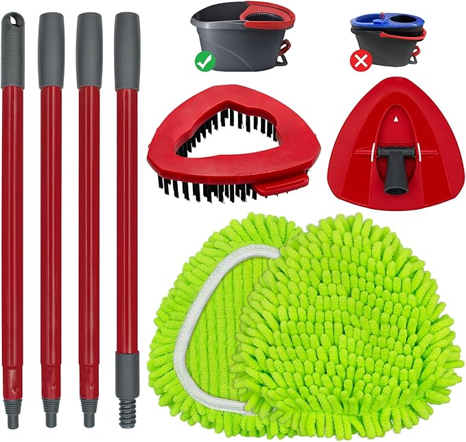 Spin Mop Handle, Mop Replace Heads, Scrubber Head and Base Replacement for O-Cedar EasyWring 1 Tank System, 2 Microfiber Mops Heads Replacements and 1 Scrub Brush, Use for Wet/Dry Hard Floor Cleaning