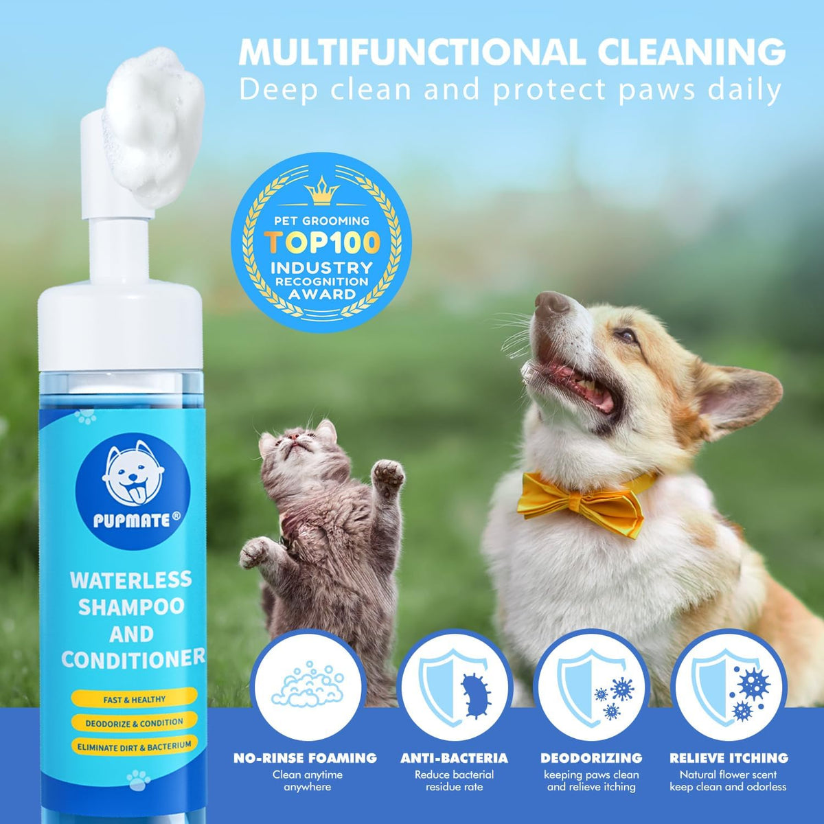 Paw Cleaner | No-Rinse Foaming Cleanser for Dogs Cats | 7 fl oz | Gentle and Safe | Pleasant Smell | Deep Clean Pet Paws | Bottle with Removable Soft Silicone Brush, 2 Bottles
