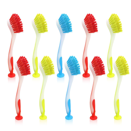 10 Pieces Long Dish Brush with Handle Assorted Color Dishwashing Brush with Suction Cup Multipurpose Cleaning Tool for Kitchen, Toilet, Etc