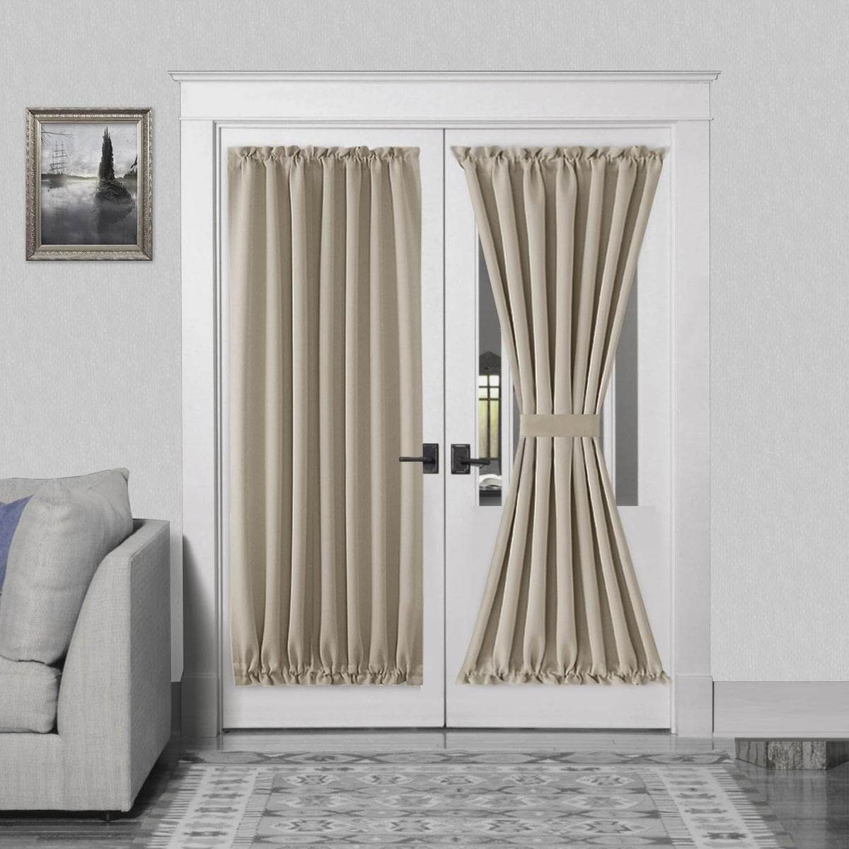 DWCN French Door Curtains – Rod Pocket Thermal Blackout Curtain for Doors with Glass Window, Kitchen and Patio Doors for Privacy, 54 X 72 Inches Long, 1 Curtain Panel with Tieback, Taupe