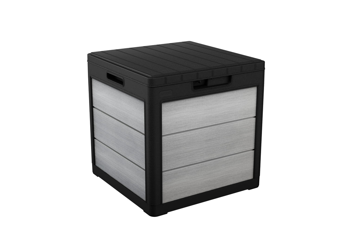 Keter Denali 30 Gallon Resin Outdoor Storage Box and Patio Furniture Side Table for Pool and Garden Accessories, Grey & Black