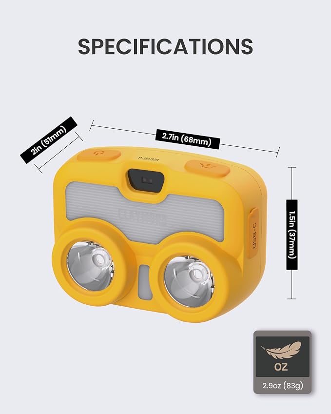 Claymore HEADY3 Yellow Rechargeable Headlamp – Compact 500 Lumens LED with Motion Sensor 6 Light Modes USB-C Rechargeable IP54 Water Resistant Up to 65 Hrs Runtime for Camping, Running, Outdoor