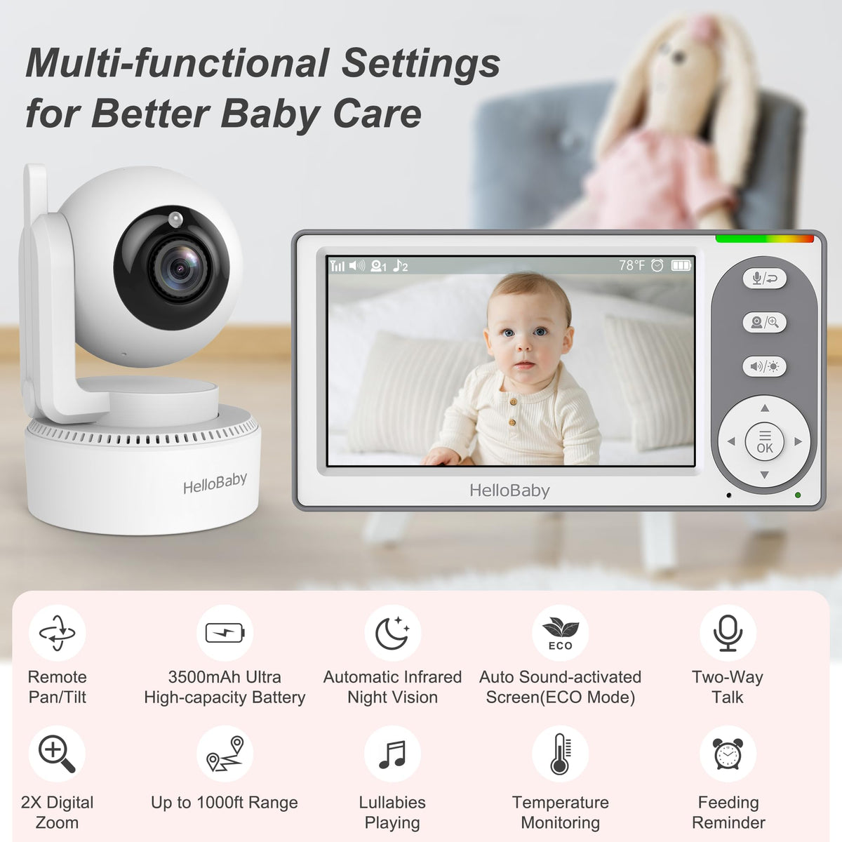 HelloBaby 4.3'' Video Baby Monitor with 30 Hours Battery, Remote Pan-Tilt-Zoom Baby Monitor No WiFi, Baby Monitor with Camera and Audio, Night Vision, ECO Mode, Two-way Talk, 8 Lullabies, 1000ft Range