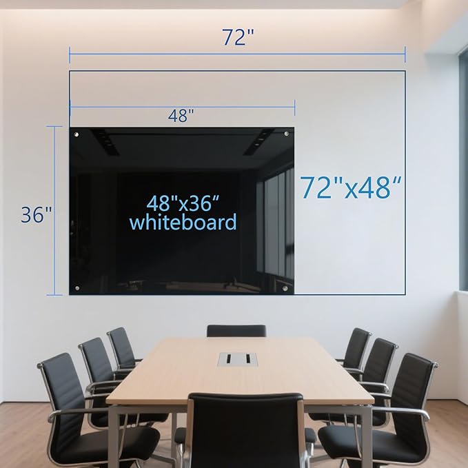 KIZZBY Magnetic Glass Dry Erase Board - Large Black Whiteboard for Wall 72"x48" Frameless Black Board for Office, Home & School