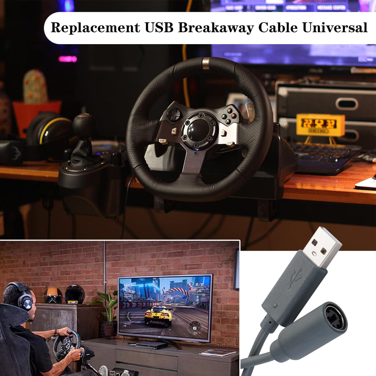 CSDWELL USB Breakaway Cable for Logitech G920 G923 G27 G29 Driving Force & Thrustmaster Ferrari 458 Spider Racing Wheel Cord, Guitar Hero & Xbox USB Plug