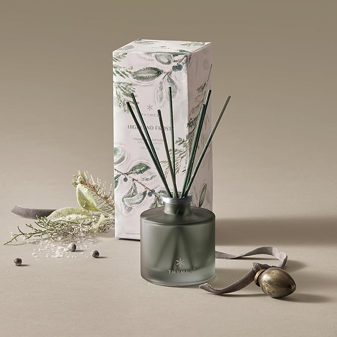 Thymes Petite Oil Reed Diffuser Set – Includes Reed Diffuser Sticks, Fragrance Oil, & Glass Bottle – Luxury Home Decor – Holiday Decor – Winter Scents – Sage-Green (Highland Frost, 4 fl oz)