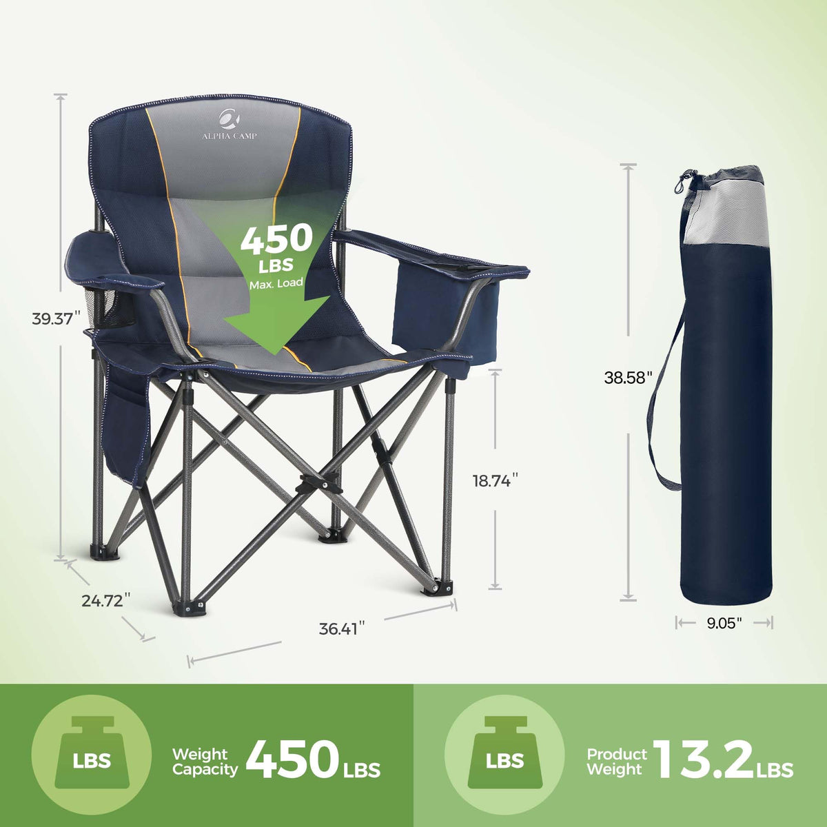 LET'S CAMP Folding Camping Chair Oversized Heavy Duty Padded Outdoor Chair with Cup Holder Storage and Cooler Bag, 450 LBS Weight Capacity, Thicken 600D Oxford,2 Pack