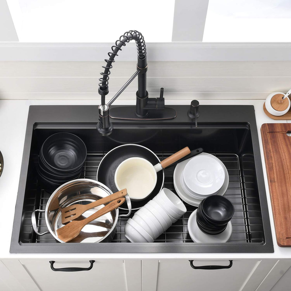 33 Inch Black Drop In Kitchen Sink Workstation - VOKIM 33x22-Inch Drop In Sink Stainless Steel Top Mount 16 Gauge Single Bowl 10'' Deep Handmade Kitchen sink with Cutting Board& Strainer