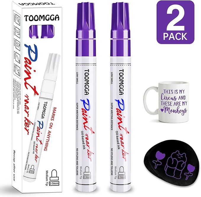 Purple Permanent Paint Pens - 2 Pack Oil Based Paint Markers, Pens for Rock Painting Car Tyre Metal, Plastic, Canvas, Mugs, Wood, Glass, Quick Drying and Waterproof, Medium Point