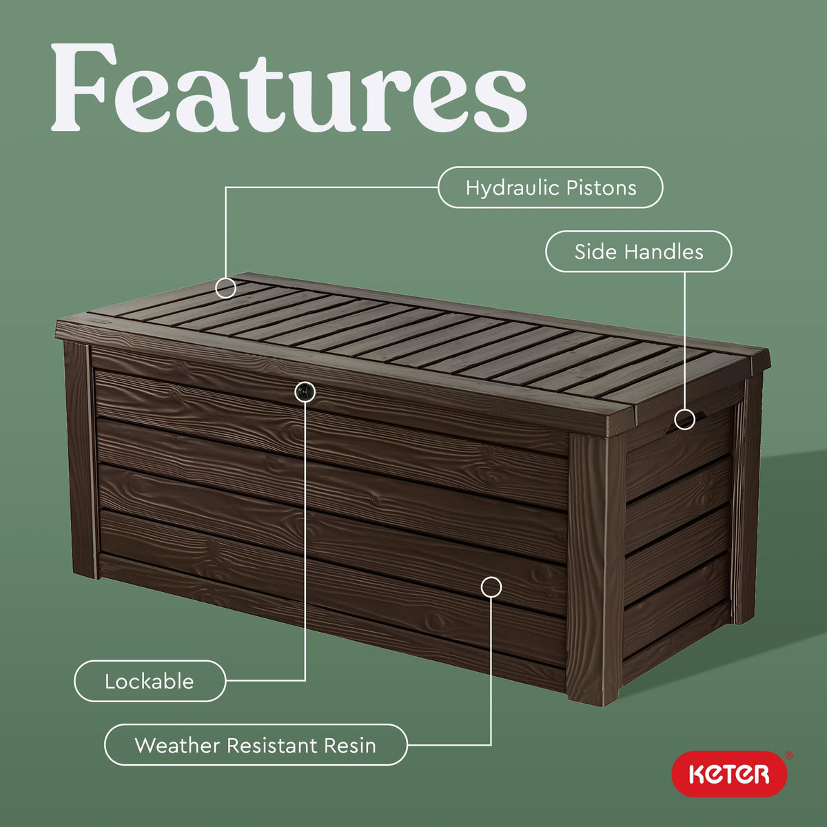 Keter Outdoor Storage Deck Box, 150 Gallon Resin Patio Bin & Bench, Wood Grain, Brown
