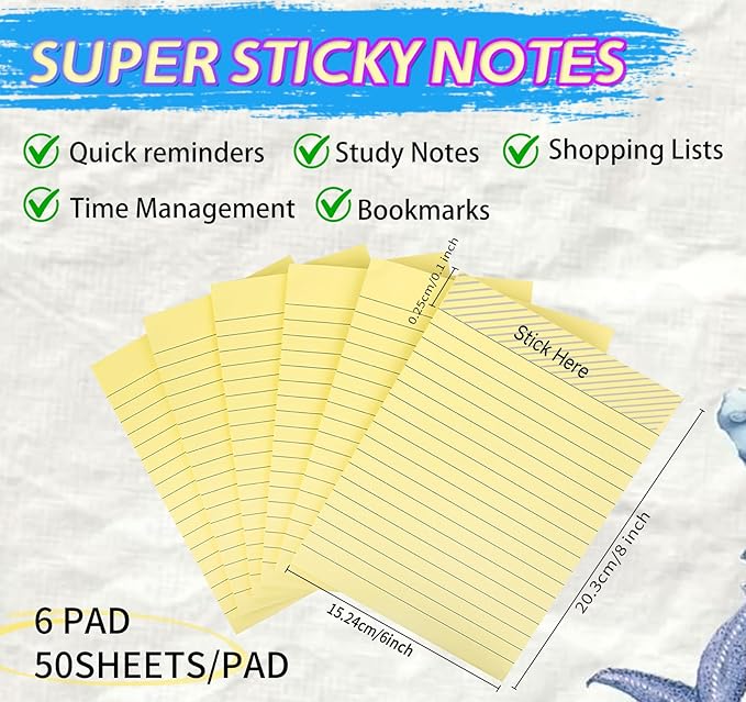 6 Pack 8x6 Inch Lined Sticky Notes, 300 Sheets Large Yellow Sticky Notes with Lines Super Sticking Power Memo Pads, Self-Stick Note Pads for School Office Home