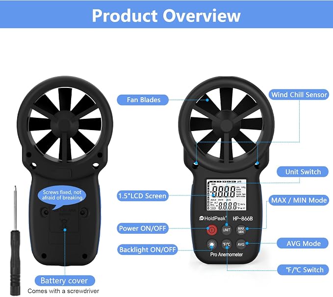 [2 PCS] HoldPeak 866B Handheld Anemometer, Digital Wind Speed Gauge Meter, Air Flow Velocity Temperature CFM Measuring Device for HVAC Outdoor Sailing Shooting Golf