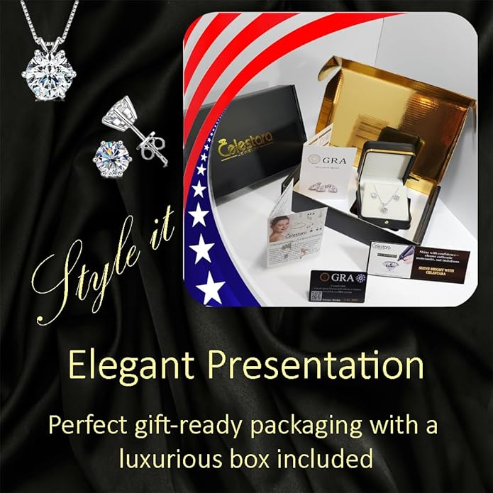 925 Sterling Silver Moissanite Jewelry Set - Classic European Design Necklace Earrings Set with Round Cut Moissanite Pendant - Adjustable Chain - Gift Box
