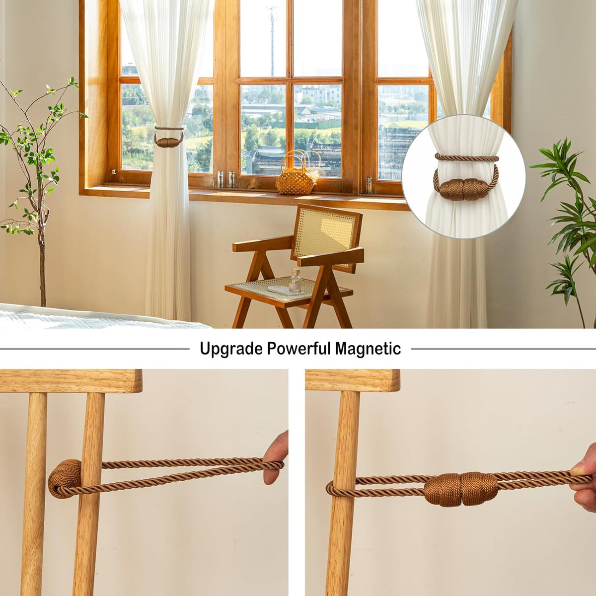 Magnetic Curtain Tiebacks Rope Curtain Tie Backs for Curtains 2 Pack Curtain Holders for Drapes Decorative Window Curtain Holdbacks, Khaki