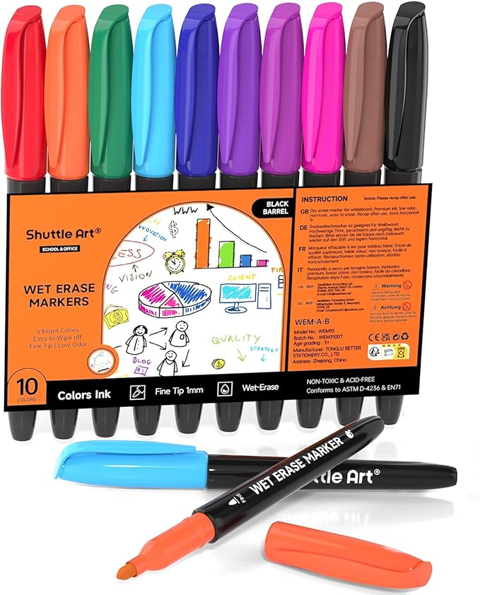 Shuttle Art Wet Erase Markers, 10 Colors 1mm Fine Tip Smudge-Free Markers, Use on Laminated Calendars, Overhead Projectors, Schedules, Whiteboards, Transparencies, Glass, Wipe with Water