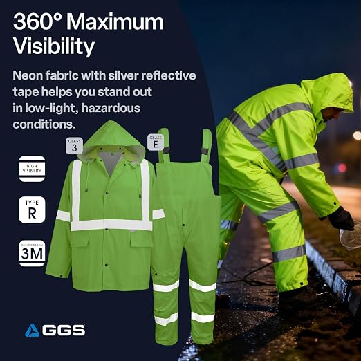 Global Glove FrogWear GLO-8000 Unisex High-Visibility Rain Suit, Lightweight Three-Piece Rain Gear with Waterproof Jacket, Bibs, and Detachable Hood – Neon Yellow, X-Large