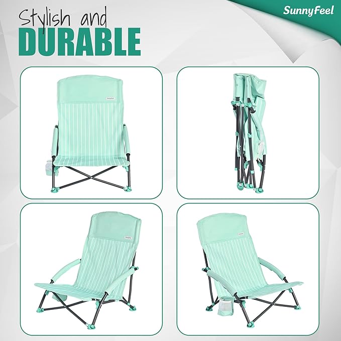 SUNNYFEEL Folding Low Camping Beach Chair 2 Pack, Portable Backpacking Chairs with Cup Holder,Carry Bag Compact & Heavy Duty for Adults 300 LBS for Outdoor Picnic Fishing Sand Lawn