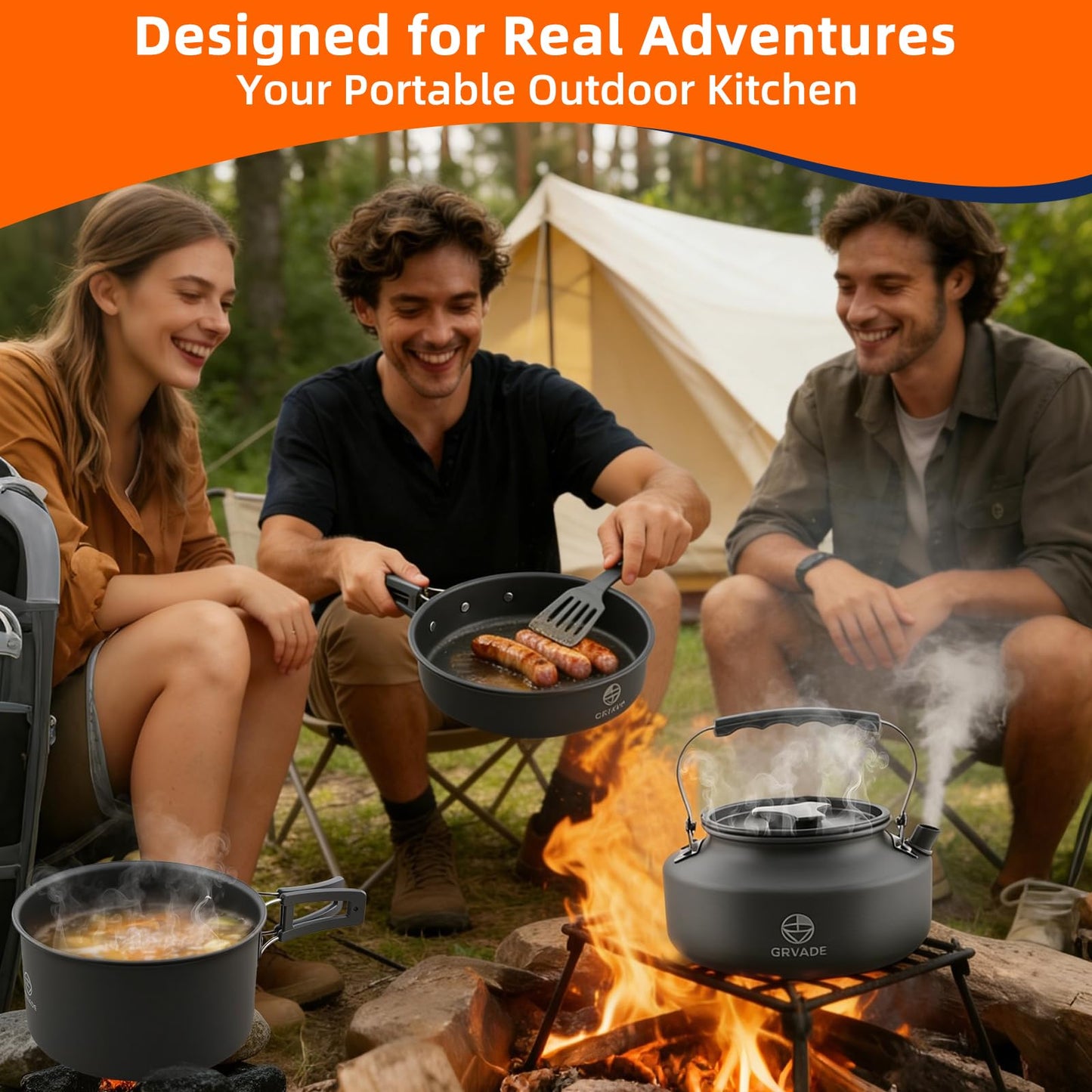 Camping Cooking Set 17-Piece with Kettle,Non-Stick Camping Cookware-Lightweight Backpacking Pots and Pans, Travel Hiking Pan Kit for Outdoor, RV Camp Cook Set, Mesh Bag Included