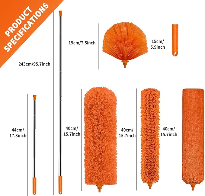 Cobweb Duster with Extension Pole,Cleaner Outdoor 110" Telescoping Extended Sspider Brush, Dusting Kit,Long Handle Reach for High Ceilings and Fans,Microfiber Webster Remover Tools Feather Dusters