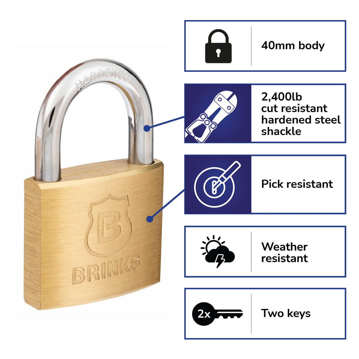 BRINKS - 40mm Solid Brass Keyed Padlock with 7/8” Shackle Clearance - Chrome Plated With Hardened Steel Shackle