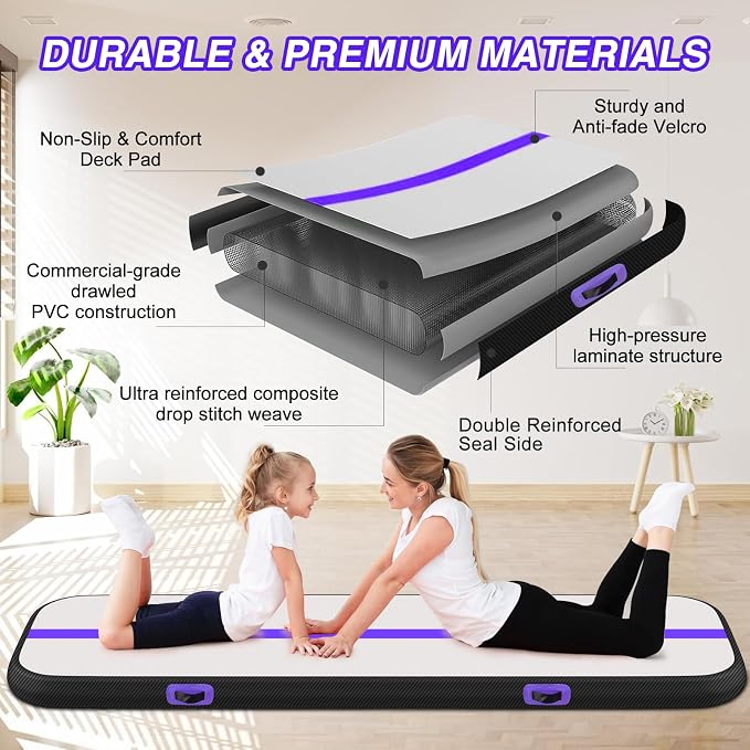 Air Gymnastics Tumbling Mat, 6.6ft/10ft/13ft/16ft/20ft Inflatable Track Mat for Home/Outdoor Training, 4/8 inch Thick Gym Mat with Electric Pump for Kids & Adults
