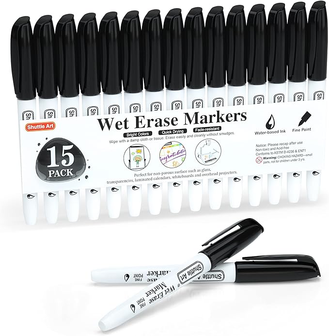 Shuttle Art Wet Erase Markers, 15 Pack Black 1mm Fine Tip Smudge-Free Markers, Use on Laminated Calendars,Overhead Projectors,Schedules,Whiteboards,Transparencies,Glass,Wipe with Water