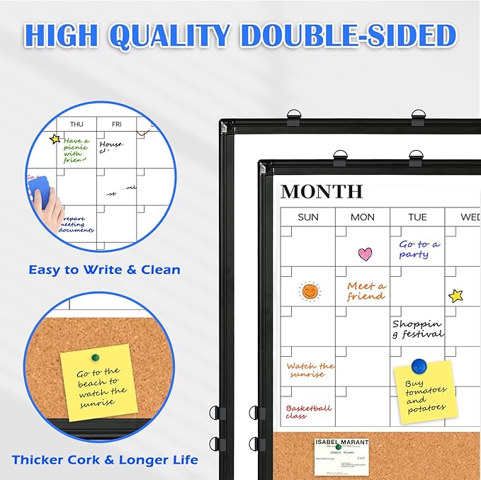 Monthly Calendar Whiteboard Dry Erase Cork Board Combo for Wall, 36" x 24" Magnetic Double-Sided Calendar White Board and Bulletin Board, Portable Board for Office, Kitchen, School, Home