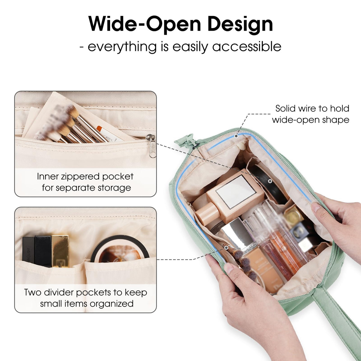 Narwey Wide-open Makeup Bag Women Girls, Travel Toiletry Bag for Women Cosmetic Bag Organizer Make up Bag with Compartments Toiletries Medicine Bag (Mint Green)