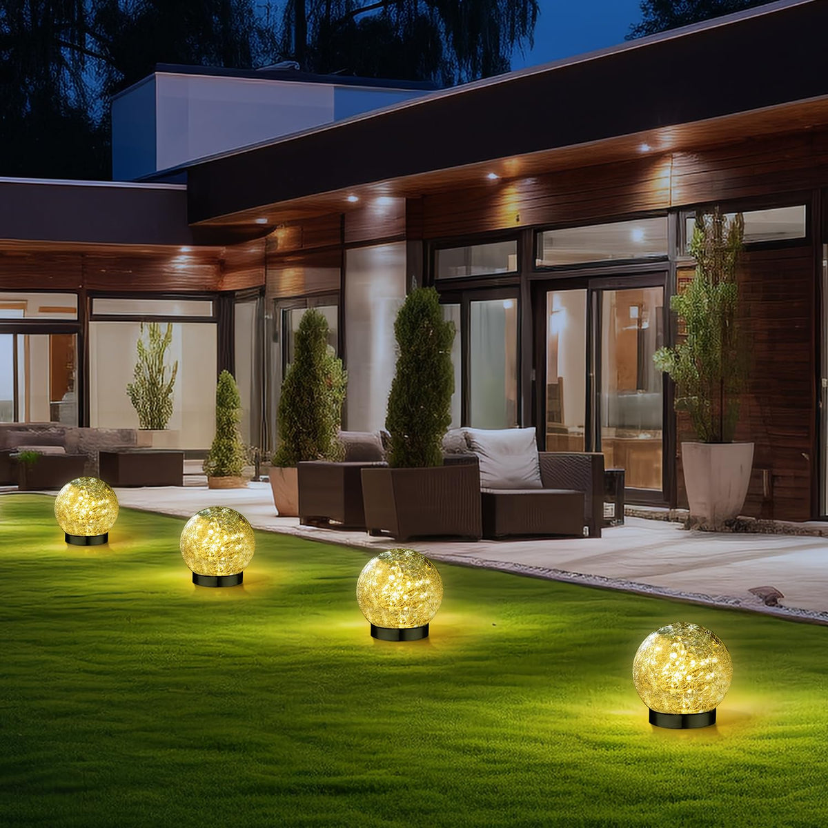 SyouHome Solar Garden Lights Outdoor Waterproof, 4 Pack Cracked Glass Ball Light, Ground Landscape Garden Decor, Solar Globe Decorative for Pathway/Patio/Lawn/Yard (Warm White, 4.7")