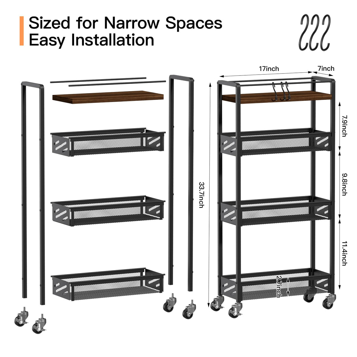 DGSNADGO Slim Rolling Storage Cart, 4-Tier Kitchen Cart on Wheels, Narrow Utility Cart with Handle and Wooden Tabletop for Small Space in Kitchen, Living Room, Bathroom, Rustic Brown and Black