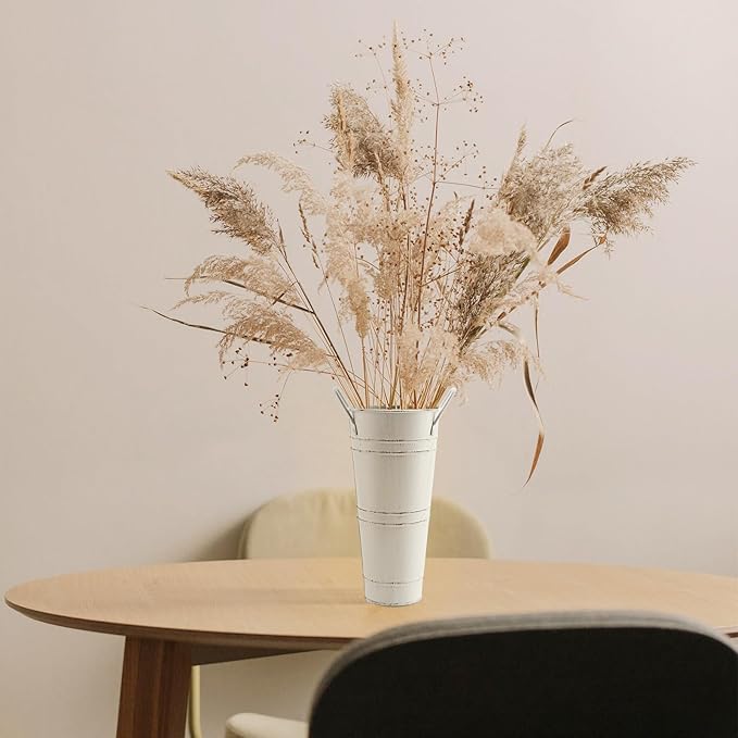 4 Pack 9 Inch Tall Galvanized Flower Bucket, Beige Farmhouse French Flower Bucket with Handle, Rustic Buckets Vintage Metal Vases for Flower, Centerpieces, Floral Wedding Arrangements
