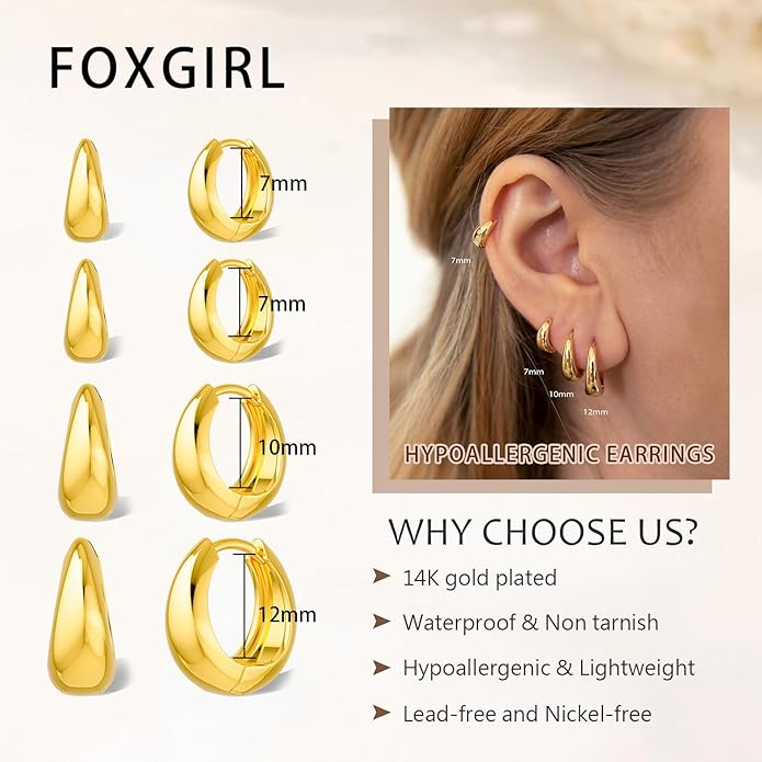 Foxgirl 4 Pairs Small Chunky Huggie Hoop Earrings for Women - Dainty 14K Gold Plated Hypoallergenic Lightweight Stack Earring Sets for Multiple Piercing Trendy Jewelry