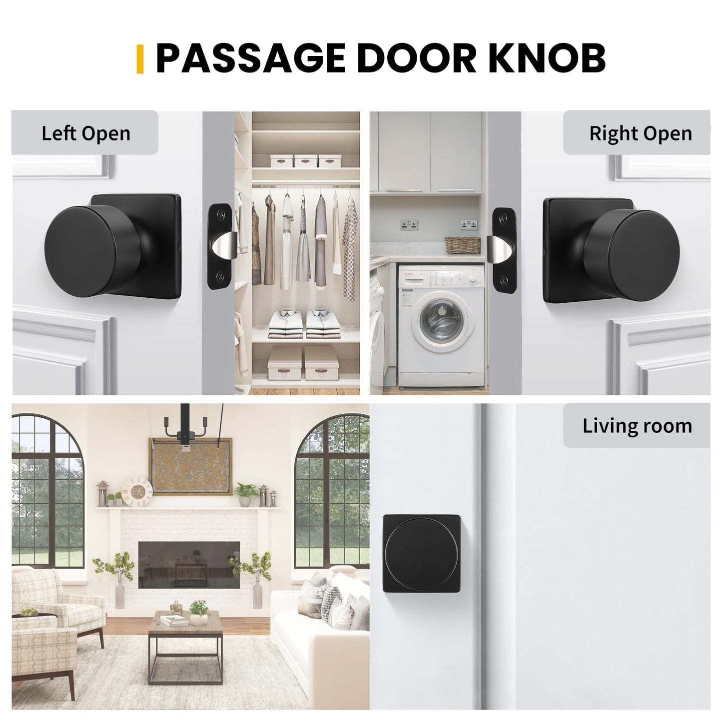 Goldenwarm Matte Black Closet Door Knobs, Passage Door Knob Hallway, Black Door Knobs Interior No Lock 6 Pack