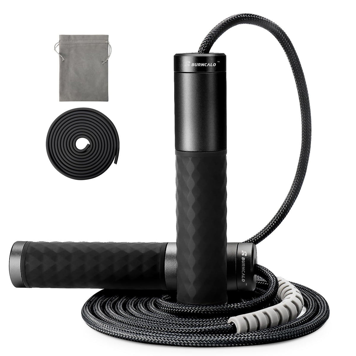 BURNCALO Weighted Jump Rope for Fitness, Skipping Rope for Men Women, Metal Heavy Handles, Ball bearings, Adjustable Length PVC Cord and Cotton Rope, Endurance Training Fitness Exercise Workout