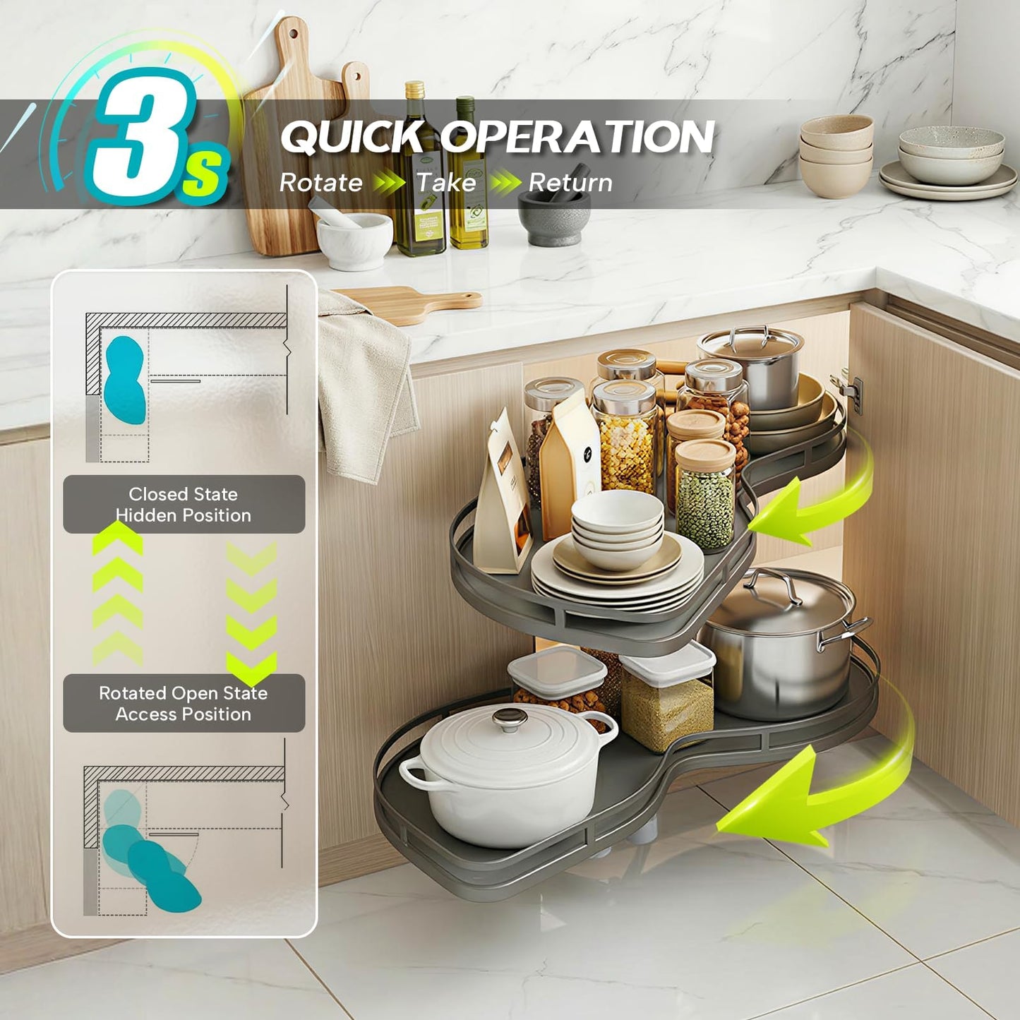 Blind Corner Cabinet Pull Out Organizer 12 14 16 18 Inch, 2 Tier Kitchen Cabinet Organizer, Heavy Duty Adjustable Lazy Susan Shelf with Soft Close, Left or Right Mount for Blind Corner Cabinets