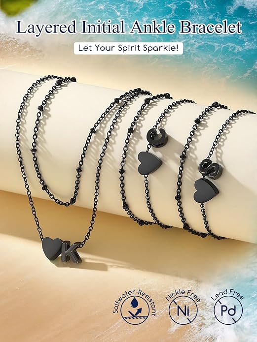 Suplight Stainless Steel Initial Ankle Bracelets for Women Layered Dainty Heart Anklet Beaded Anklets for Women Waterproof Plus Size Ankle Foot Chain Summer Essentials Jewelry(with Gift Box)