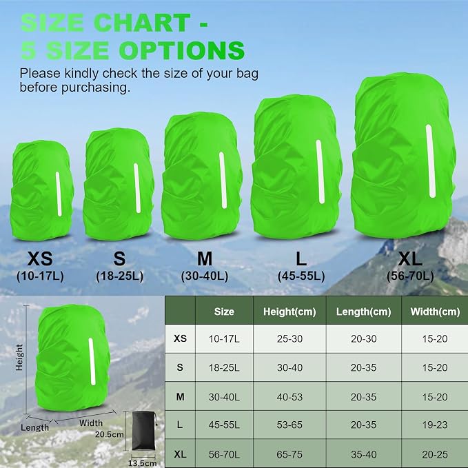 LAMA 2 Pack Waterproof Rain Cover for Backpack, Reflective Rucksack Rain Cover for Anti-Dust/Anti-Theft/Bicycling/Hiking/Camping/Traveling, L Size (for 45L-55L Backpack), 1 Pcs Black + 1 Pcs Green