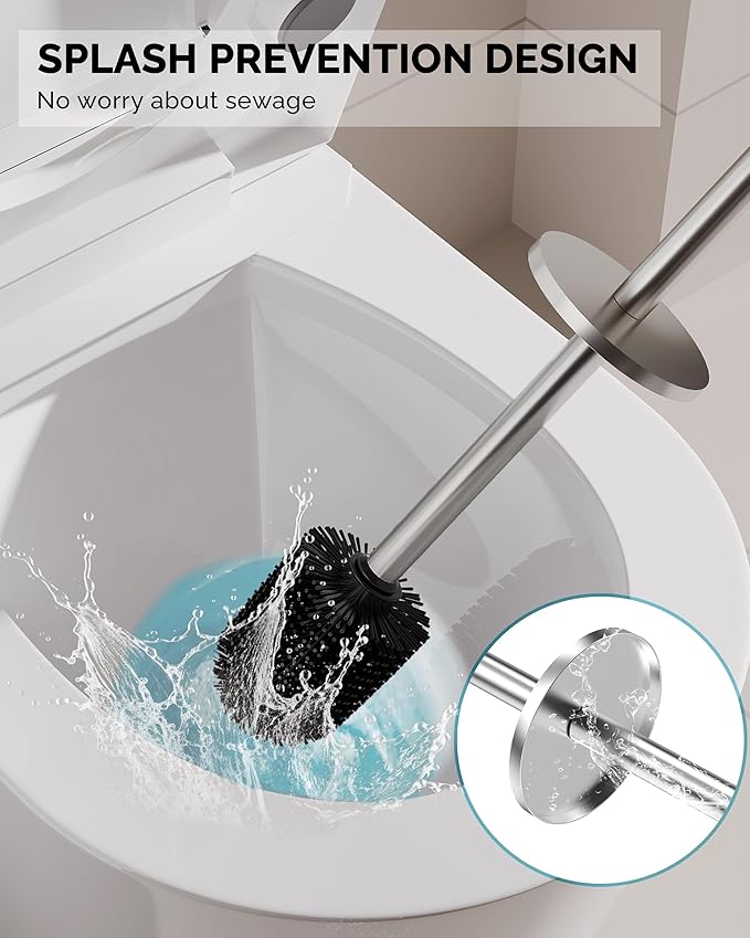 Toilet Brush and Holder Set, 2 Pack Stainless Steel Toilet Bowl Brush with Lid, Rust Proof Toilet Cleaner Brush with Caddy, Durable Bristles, Splash Proof, Ideal for Bathroom (Brushed Nickel)