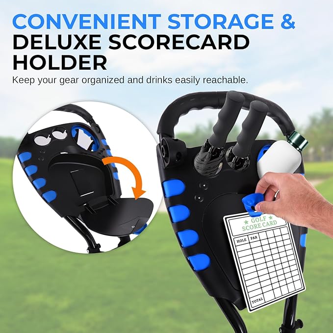 SereneLife Golf Push Cart 3 Wheel, Ultra Lightweight Aluminum Foldable Cart with Adjustable Handle, Quick-Fold, New-Version Scorecard, Phone/Cup/Umbrella Holders, Cooler Storage | Comfortable to push all day — adjustable handle fits any height