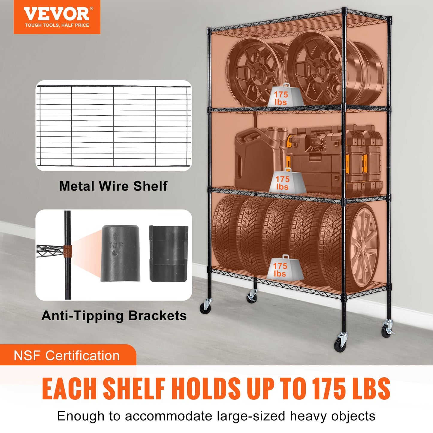 VEVOR Storage Shelving Unit, 4-Tier Adjustable Storage Shelves, 48" L x 18" W x 74" H Garage Storage Shelves, Metal Shelves with Wheels for Kitchen Pantry Basement Bathroom Laundry