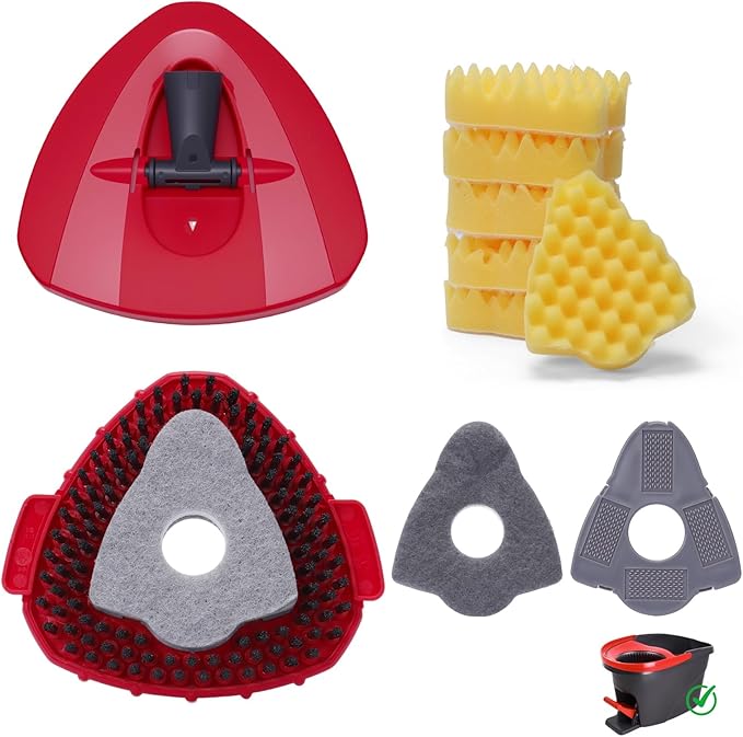 1 Pcs Spin Mop Replacements Scrub Brush and 1 Mop Base with 2 Pcs Scouring Pad Compatible with Cedar EasyWring 1 Tank System，Including 2Pcs Scouring Pad + 6Pcs Scrub Sponge Heavy Duty