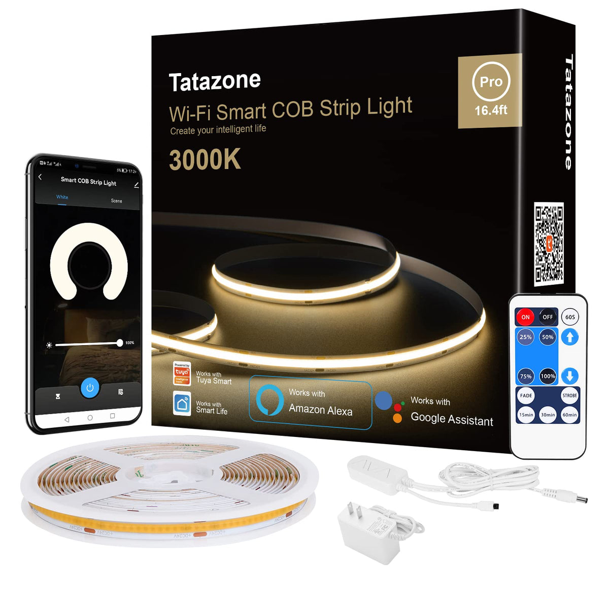 Tatazone Smart White COB Led Strip Light with App and Remote, 16.4ft 3000K Bright Warm White WiFi COB Light Strip Compatible with Alexa Google, Dimmable Indoor Led Lights for Mirror, Cabinet, Kitchen