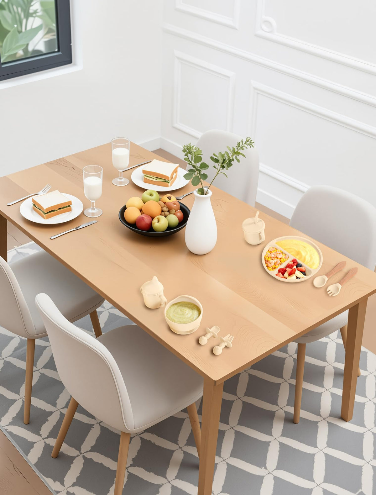 JELLDJK Silicone Baby Feeding Set 9 Pcs, Spill-Proof Suction Plate, Bowl, Bib, Silicone spoon&forks, Wooden Spoons&forks, Training cup with straw and Sippy Cup, Baby Eating Utensils (Beige)