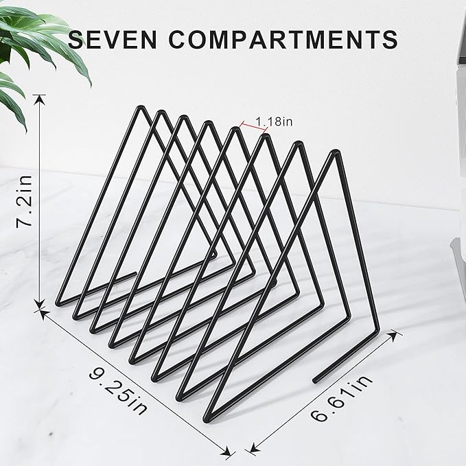 2 Pcs Triangle Desk File Organizer, 7 Slots Desktop Magazine Holder File Sorter,Metal Documents Rack Bookshelf Organizer for Office School Home, Black