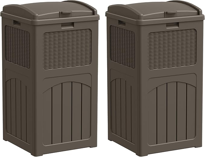 YESHOMY 2 Pack Outdoor Trash Can with Lid, Garbage Bins for Garden, Porch, Home and Kitchen, Brown