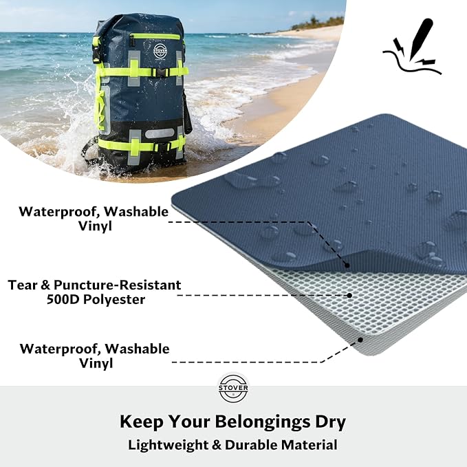 STOVER 40L Waterproof Dry Backpack & Phone Case - X-Large Floating Dry Bag for Kayaking, Travel, Hiking, Fishing, Camping, Motorcycles & Beach, Heavy-Duty Roll Top Men/Women (Navy Blue/Black/Green)