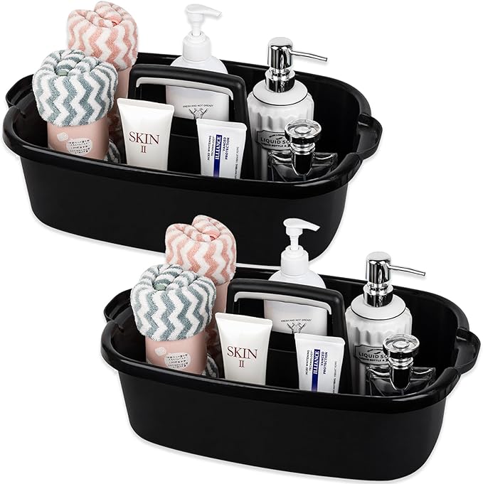 Large Cleaning Supplies Caddy Portable Shower Basket Supply Organizer with Handle Plastic Bucket Tool Storage for Bathroom, Bedroom, Kitchen, College Dorm, Garden, Black 2 Pack