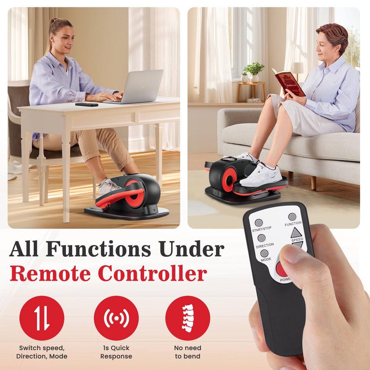 ARTHOOT Under Desk Elliptical Machine, Ellipse Exerciser as Seen on TV for Seniors with Remote Control & 12 Adjustable Speeds, Elliptical Machine for Home (Red)
